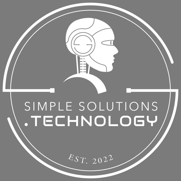 White logo on grayscale for 'Simple Solutions Technology,' featuring the profile of a stylized robot head with mechanical details inside a circular design. The text 'Simple Solutions Technology' is prominently displayed in the center, with 'Est. 2022' written at the bottom. The circular frame is decorated with minimalist, circuit-like lines, emphasizing a tech-oriented theme.